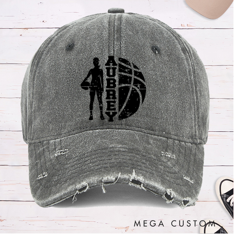 Personalized Distressed Denim Basketball Cap with Custom Name and Player Silhouette Design
