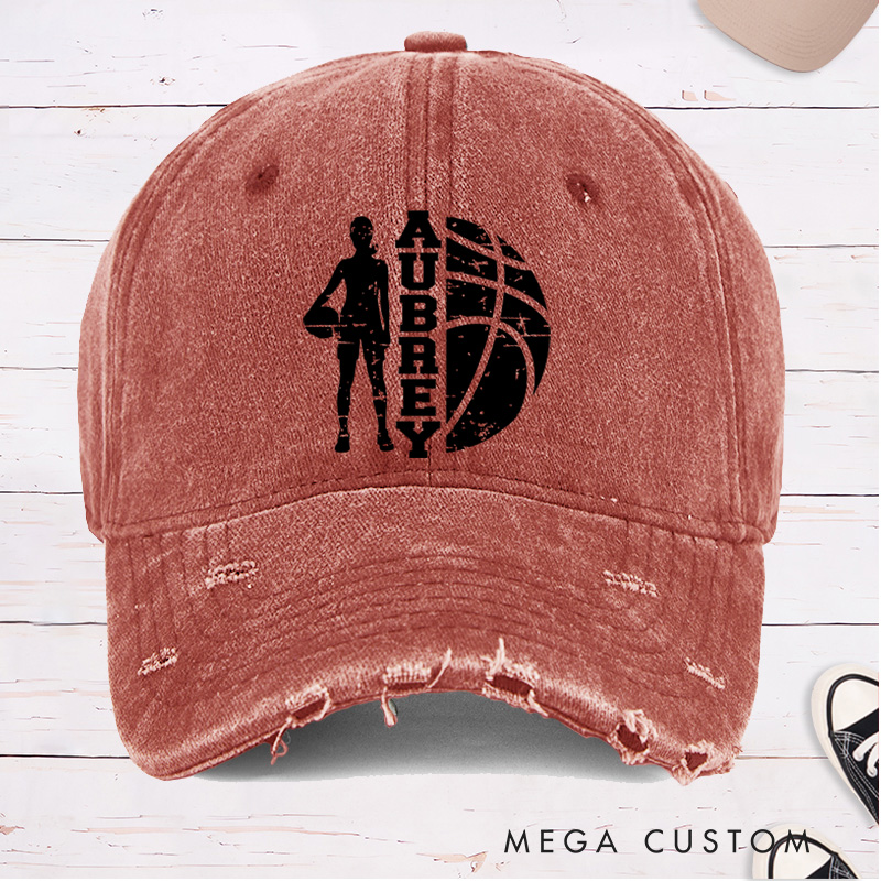 Personalized Distressed Denim Basketball Cap with Custom Name and Player Silhouette Design