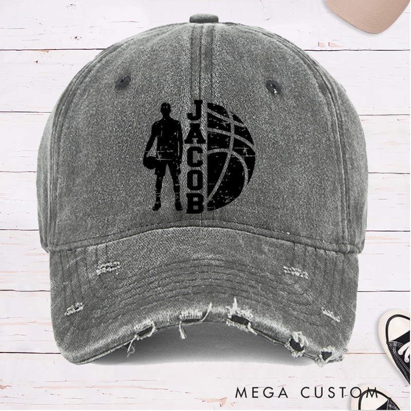 Personalized Distressed Denim Basketball Cap with Custom Name Player Silhouette and Bold Graphic Design