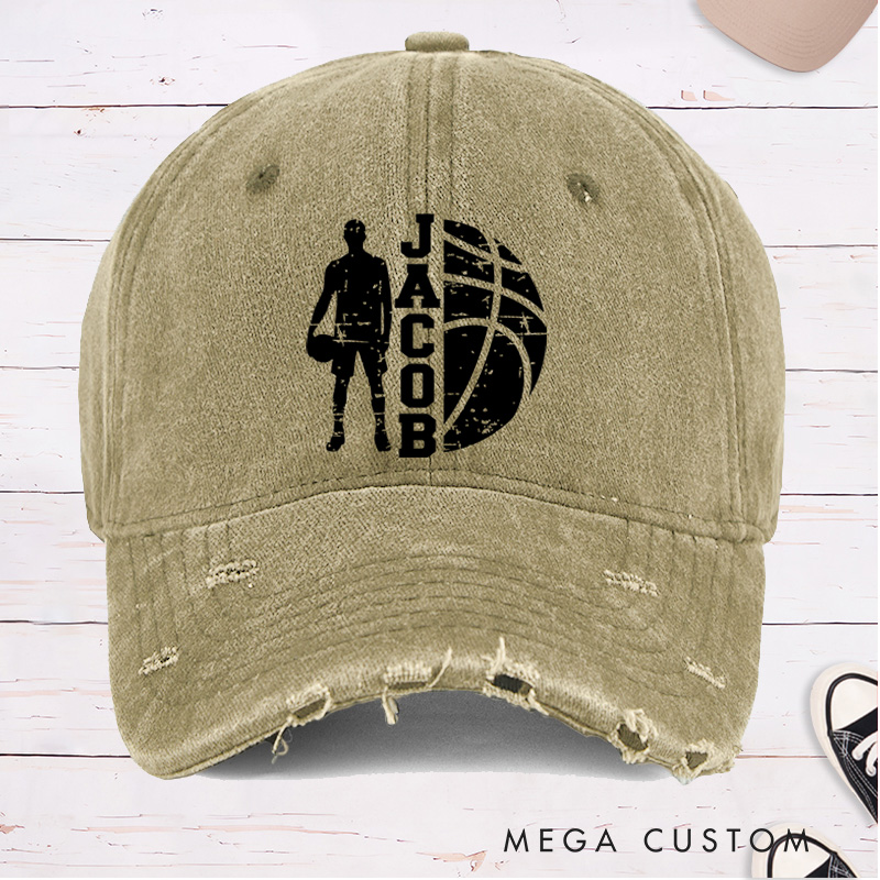 Personalized Distressed Denim Basketball Cap with Custom Name Player Silhouette and Bold Graphic Design