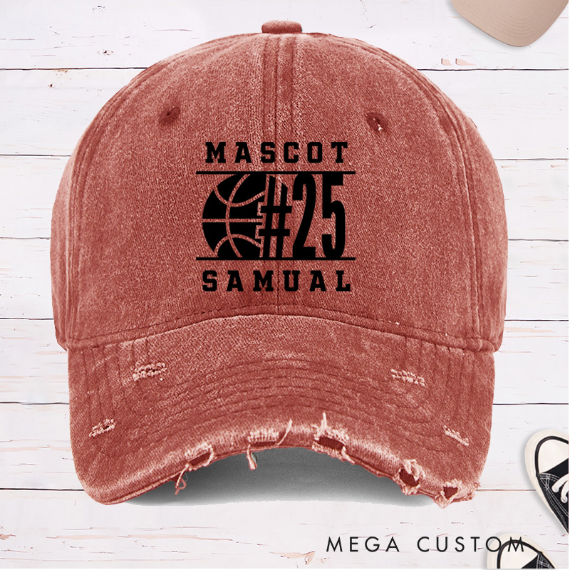 Personalized Distressed Denim Basketball Cap with Custom Team Name Jersey Number and Player Name Design