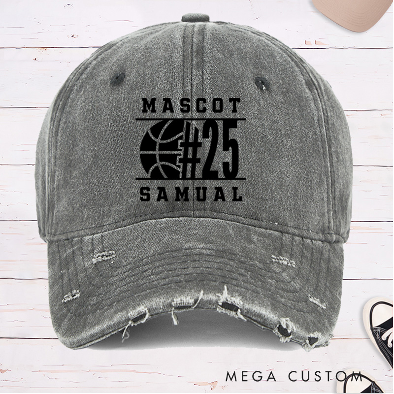 Personalized Distressed Denim Basketball Cap with Custom Team Name Jersey Number and Player Name Design
