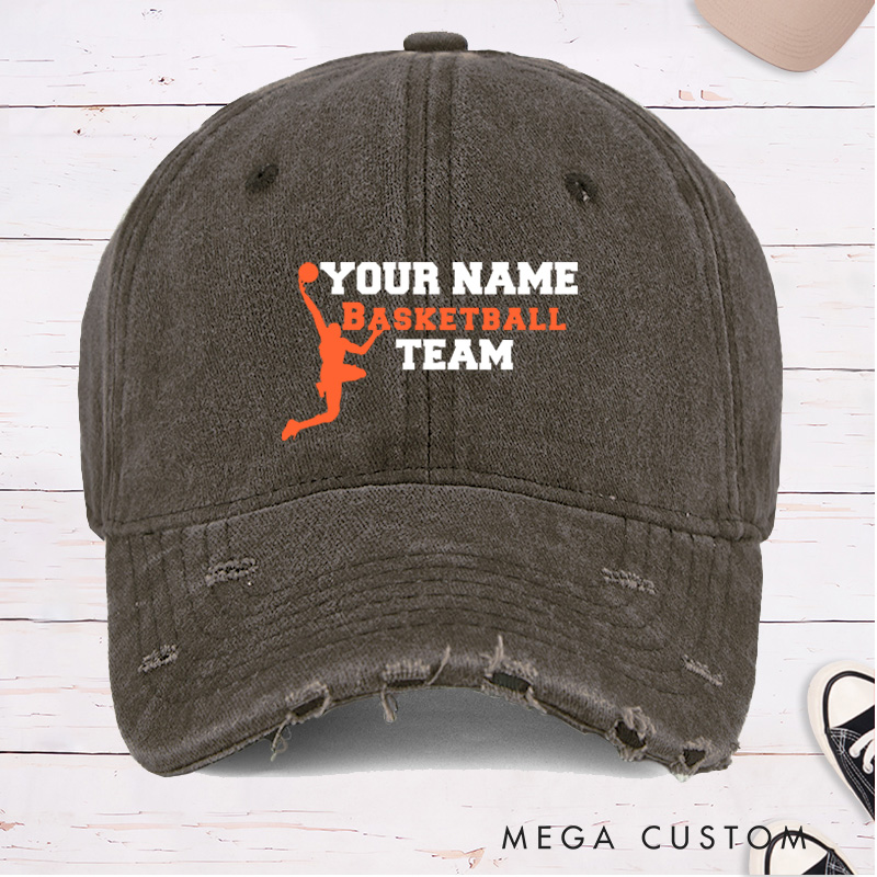 Personalized Distressed Denim Basketball Cap with Custom Name and Team Name Design