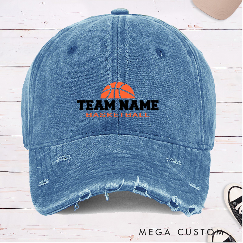 Personalized Distressed Denim Basketball Cap with Custom Team Name Design