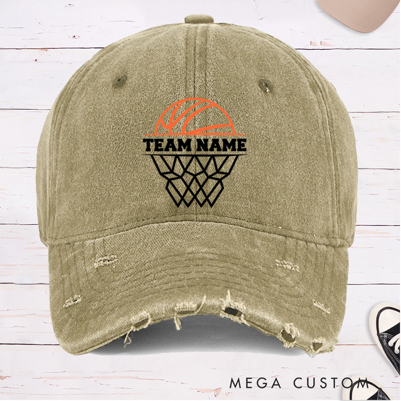Personalized Distressed Denim Basketball Cap with Customizable Team Name Design for Sports Fans