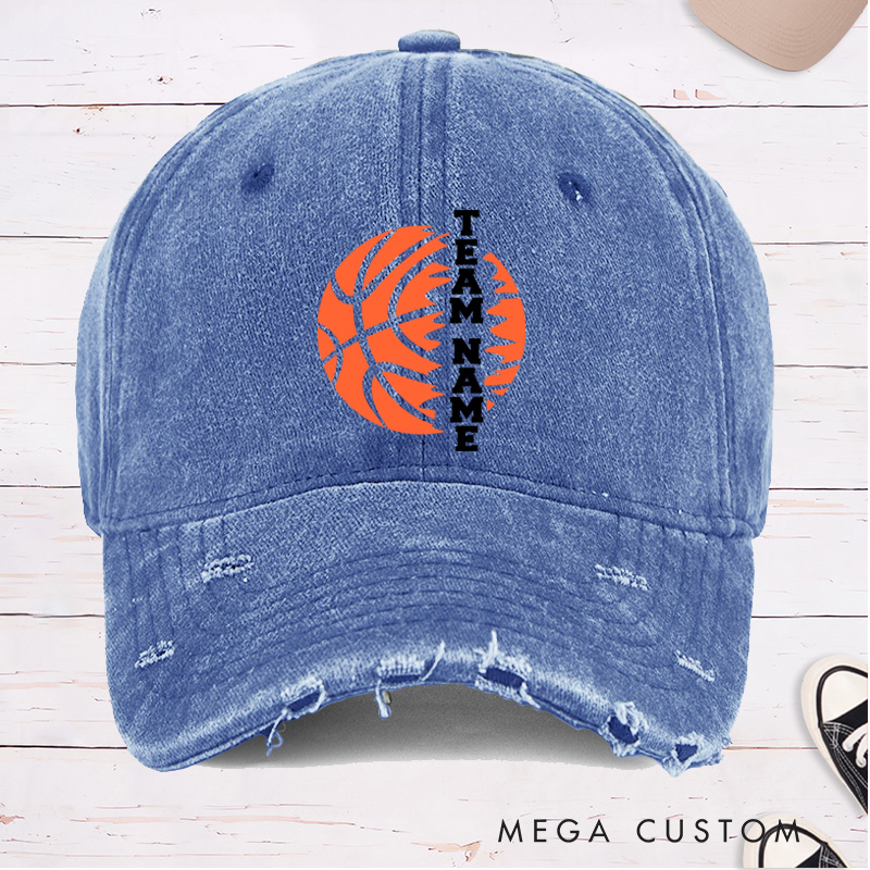 Personalized Distressed Denim Basketball Cap with Vertical Custom Team Name Design