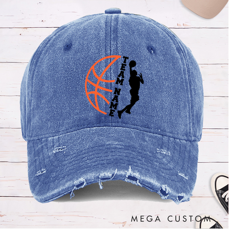 Personalized Distressed Denim Basketball Cap with Vertical Team Name and Player Silhouette Design