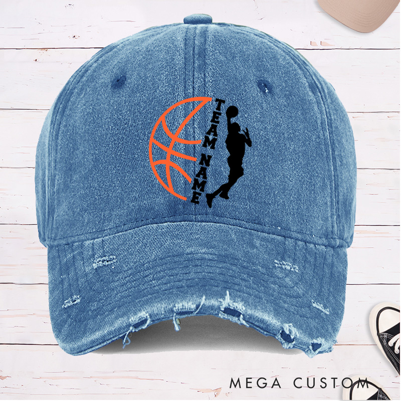 Personalized Distressed Denim Basketball Cap with Vertical Team Name and Player Silhouette Design