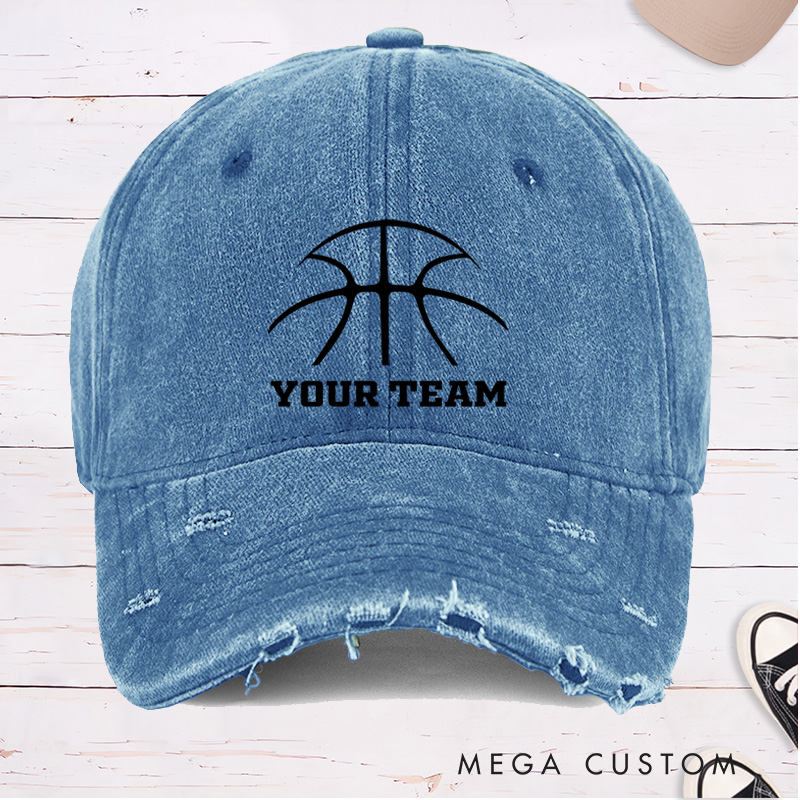 Personalized Distressed Denim Basketball Cap with Custom Team Name and Minimalist Basketball Design