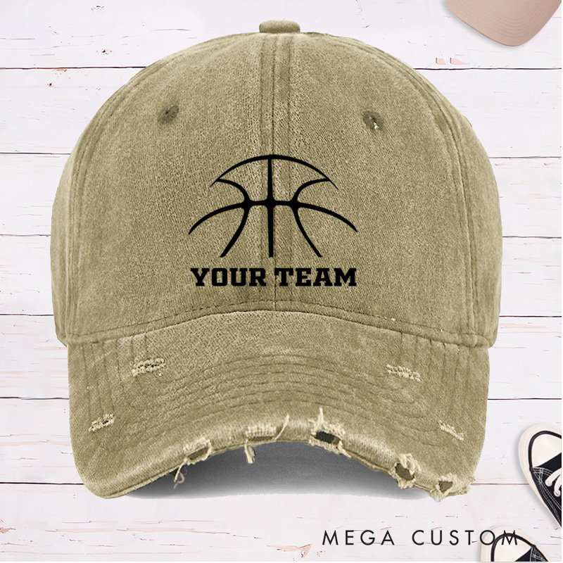 Personalized Distressed Denim Basketball Cap with Custom Team Name and Minimalist Basketball Design