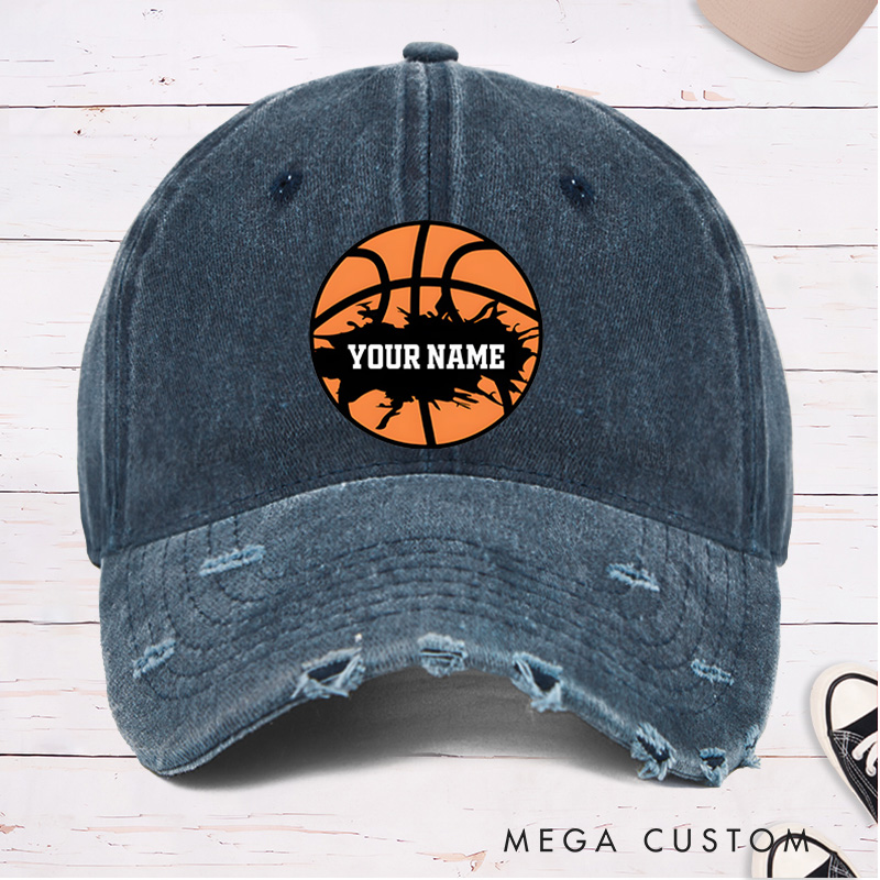 Personalized Distressed Denim Basketball Cap with Custom Name and Skyline Basketball Design