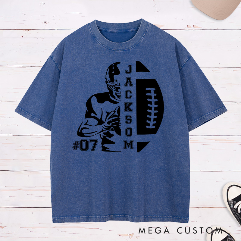 Personalized American Football Washed T-Shirt with Custom Name and Number for Game Day