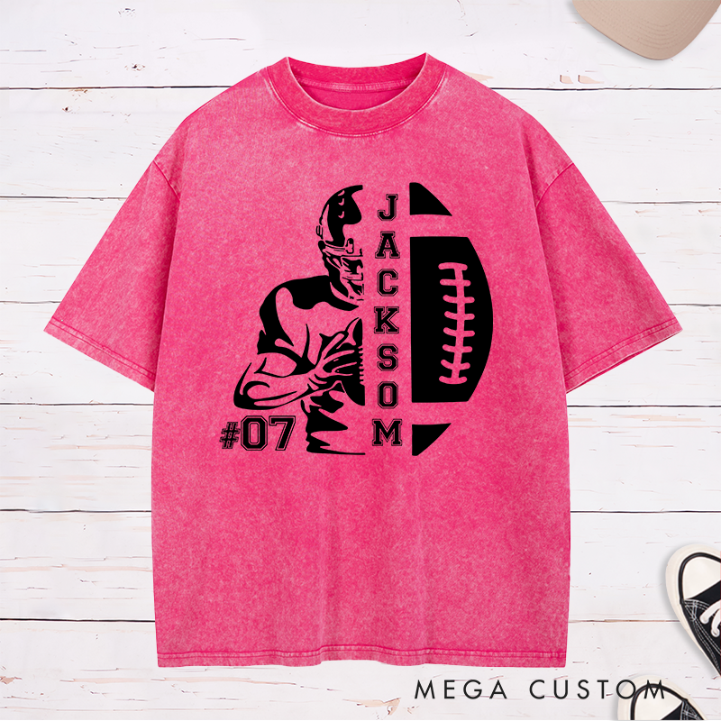 Personalized American Football Washed T-Shirt with Custom Name and Number for Game Day