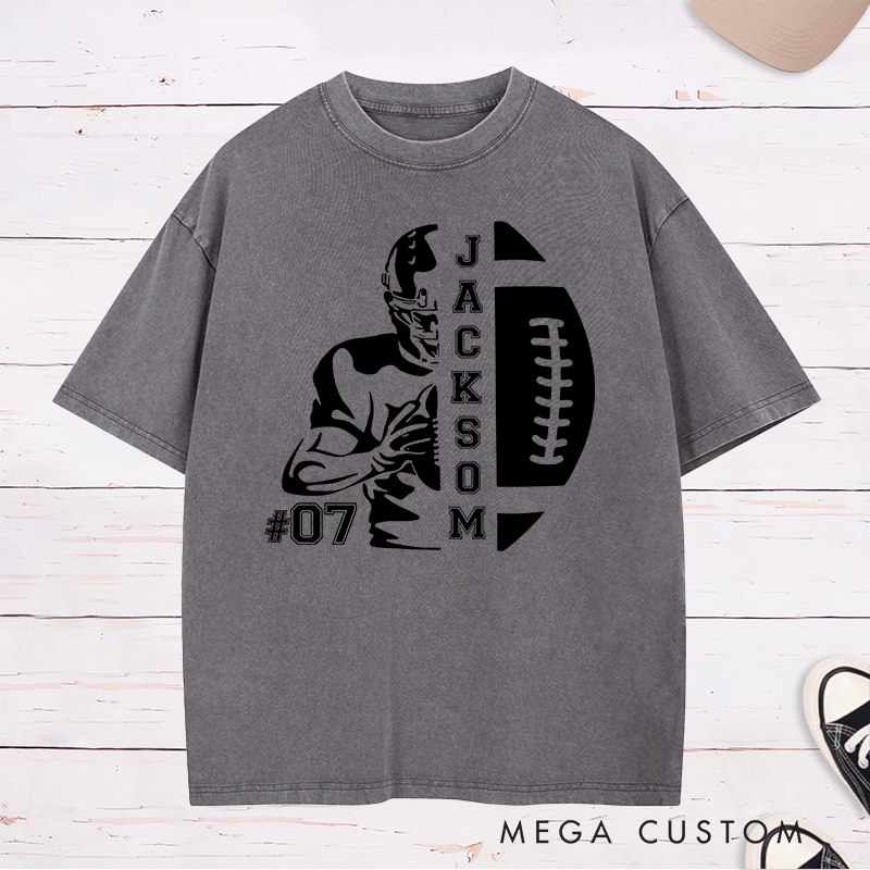 Personalized American Football Washed T-Shirt with Custom Name and Number for Game Day