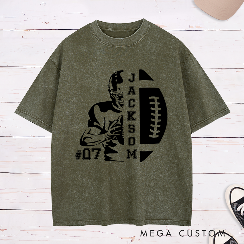 Personalized American Football Washed T-Shirt with Custom Name and Number for Game Day