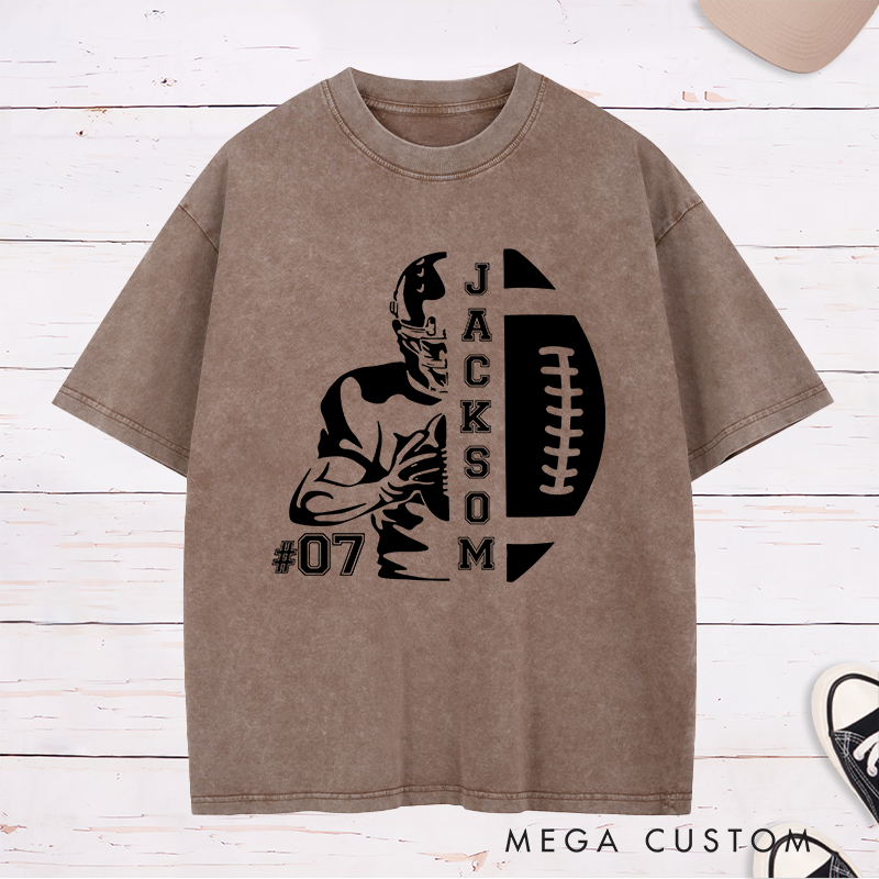 Personalized American Football Washed T-Shirt with Custom Name and Number for Game Day