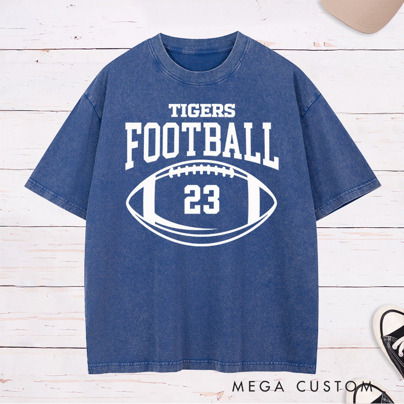 Personalized American Football and Rugby Washed T-Shirt with Custom Team Name and Number