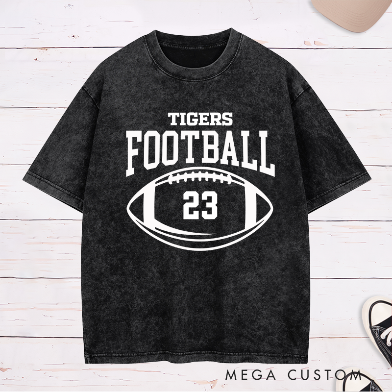 Personalized American Football and Rugby Washed T-Shirt with Custom Team Name and Number