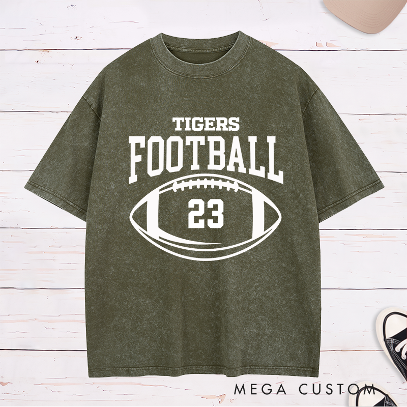 Personalized American Football and Rugby Washed T-Shirt with Custom Team Name and Number