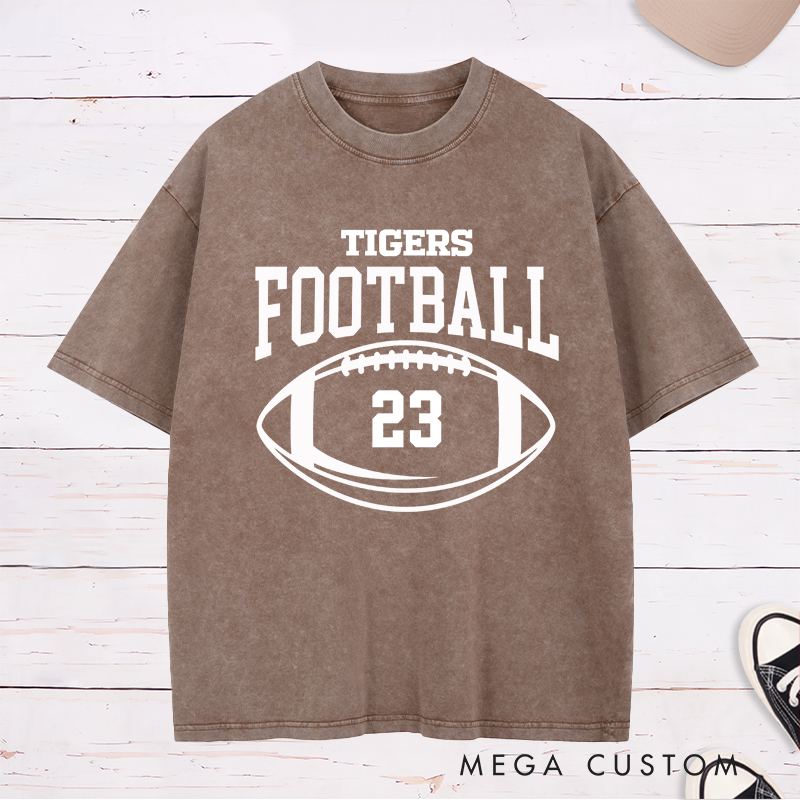 Personalized American Football and Rugby Washed T-Shirt with Custom Team Name and Number
