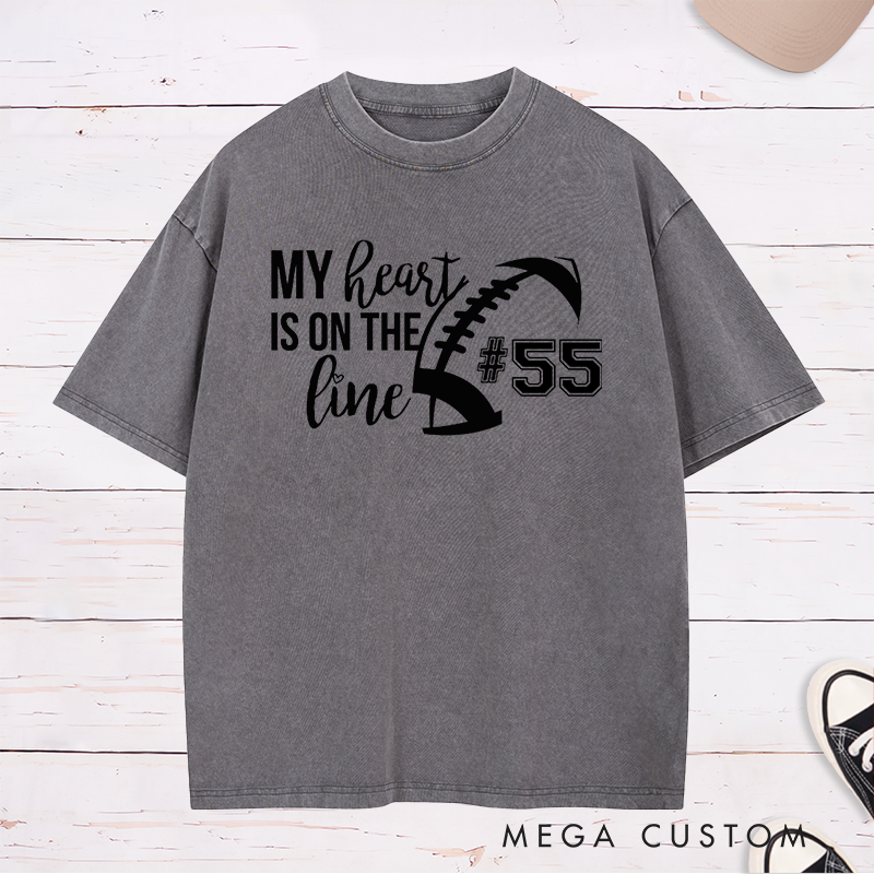 Personalized American Football and Rugby Washed T-Shirts for "My Heart is on the Line" with Custom Jersey Number