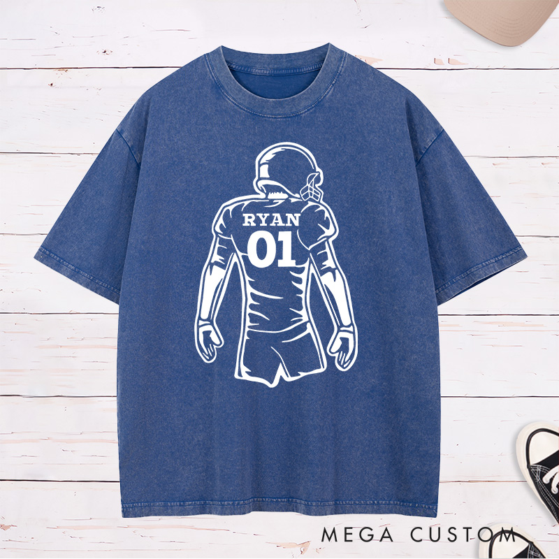 Personalized American Football Player Silhouette Design Washed T-Shirt with Custom Name and Number
