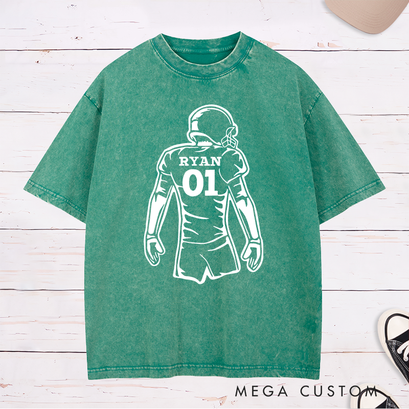 Personalized American Football Player Silhouette Design Washed T-Shirt with Custom Name and Number