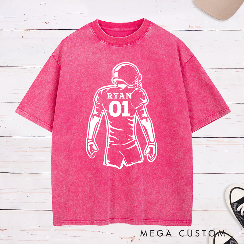 Personalized American Football Player Silhouette Design Washed T-Shirt with Custom Name and Number