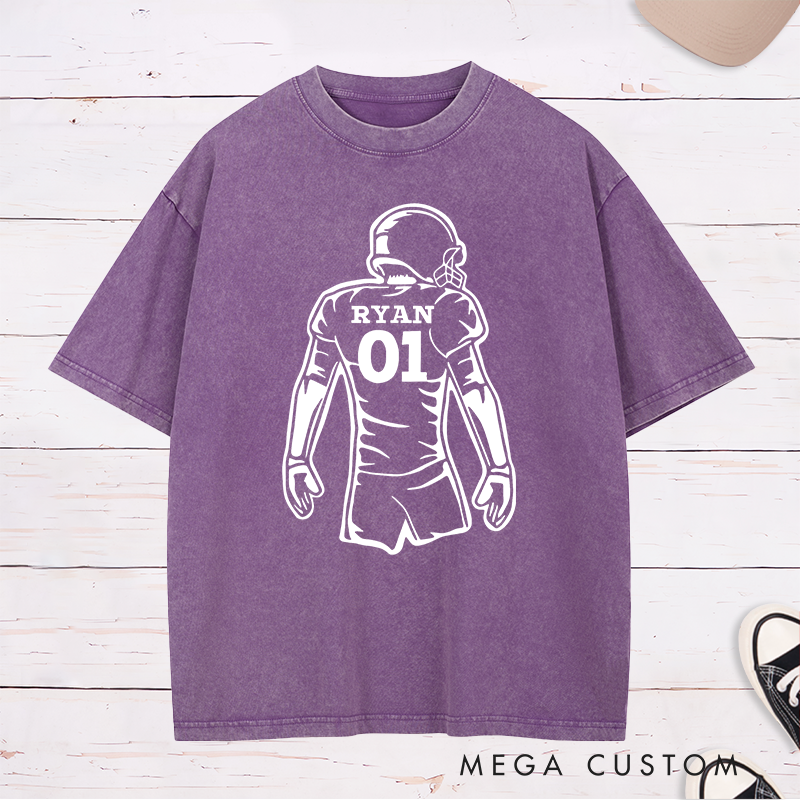 Personalized American Football Player Silhouette Design Washed T-Shirt with Custom Name and Number