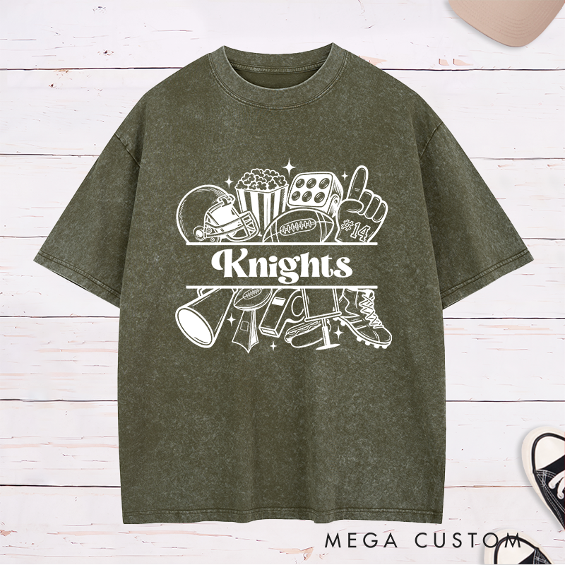 Personalized American Football Fun Iconic Design Washed T-Shirts Custom Text and Number