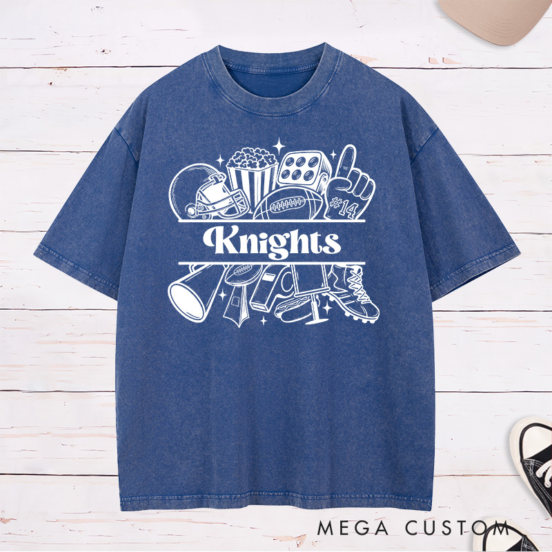 Personalized American Football Fun Iconic Design Washed T-Shirts Custom Text and Number