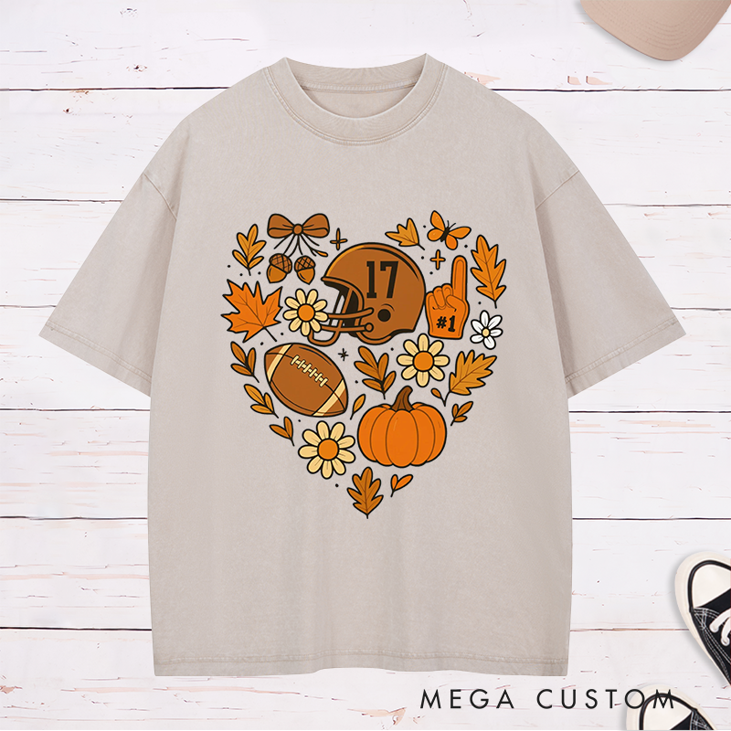 Personalized American Football Heart-Shaped Design Washed T-Shirts Custom Nmuber