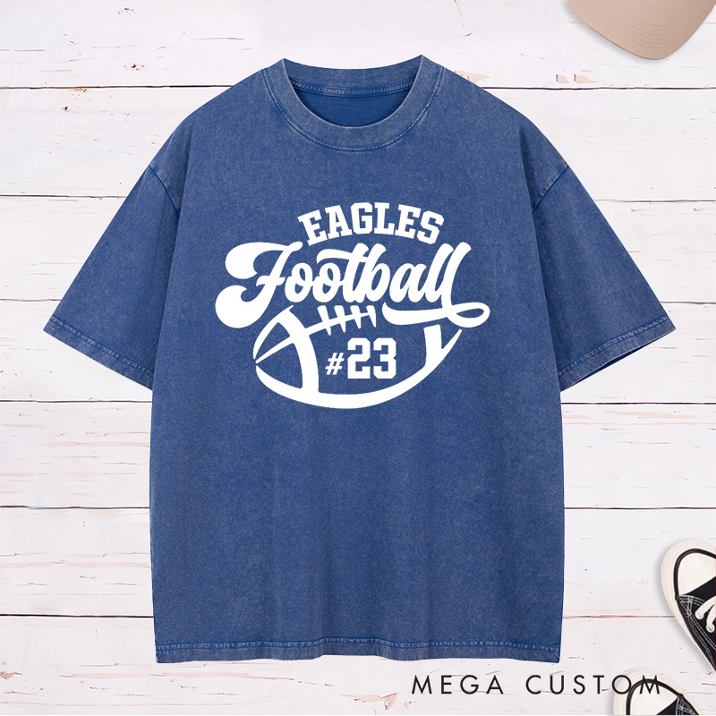 Personalized American Football Washed T-Shirts with Custom Team Name and Number,Sports Tee