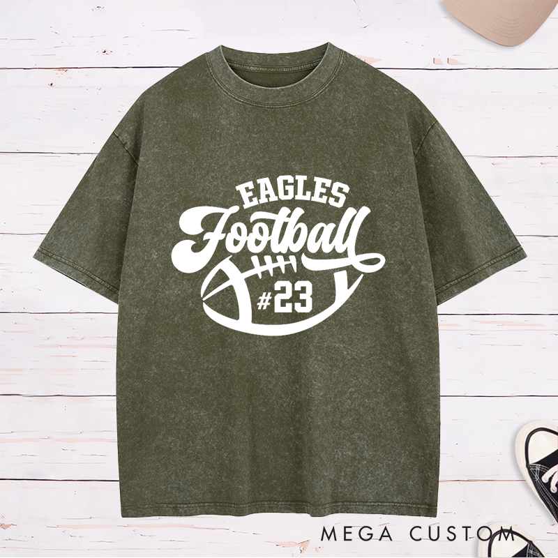 Personalized American Football Washed T-Shirts with Custom Team Name and Number,Sports Tee