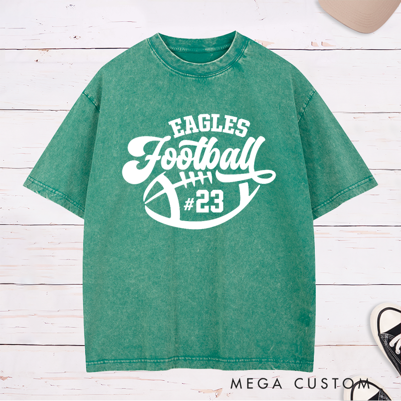 Personalized American Football Washed T-Shirts with Custom Team Name and Number,Sports Tee