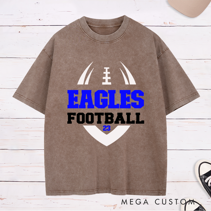 Personalized American Football Washed T-Shirt with Custom Favorite Team Name and Number-Football Season Tee