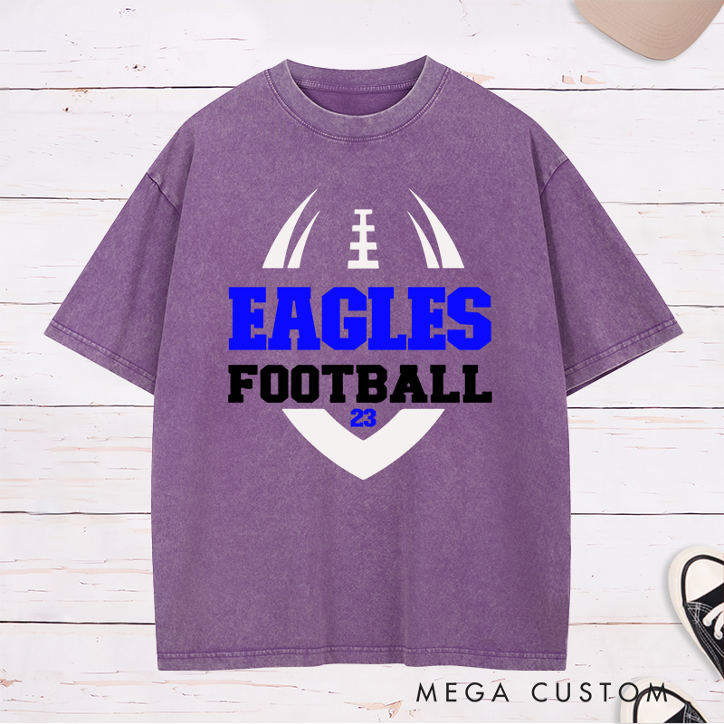 Personalized American Football Washed T-Shirt with Custom Favorite Team Name and Number-Football Season Tee