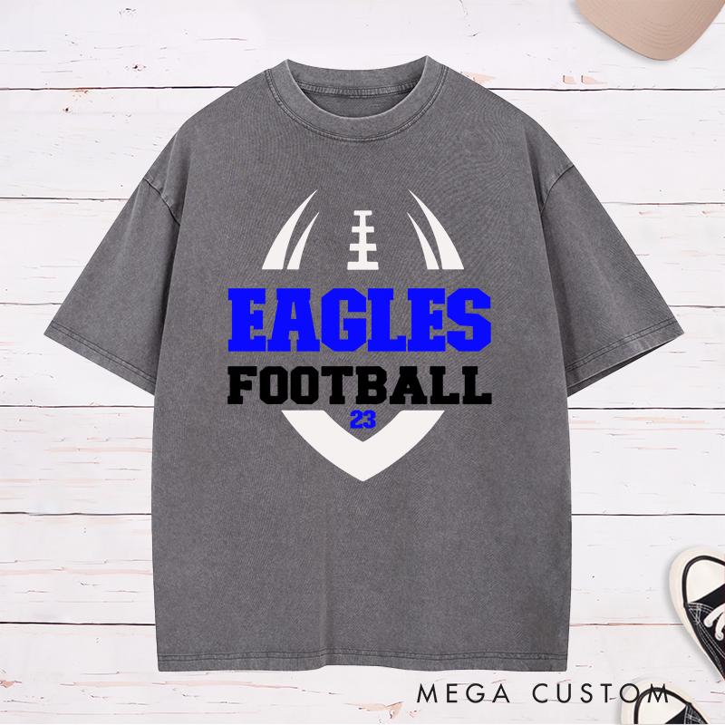 Personalized American Football Washed T-Shirt with Custom Favorite Team Name and Number-Football Season Tee