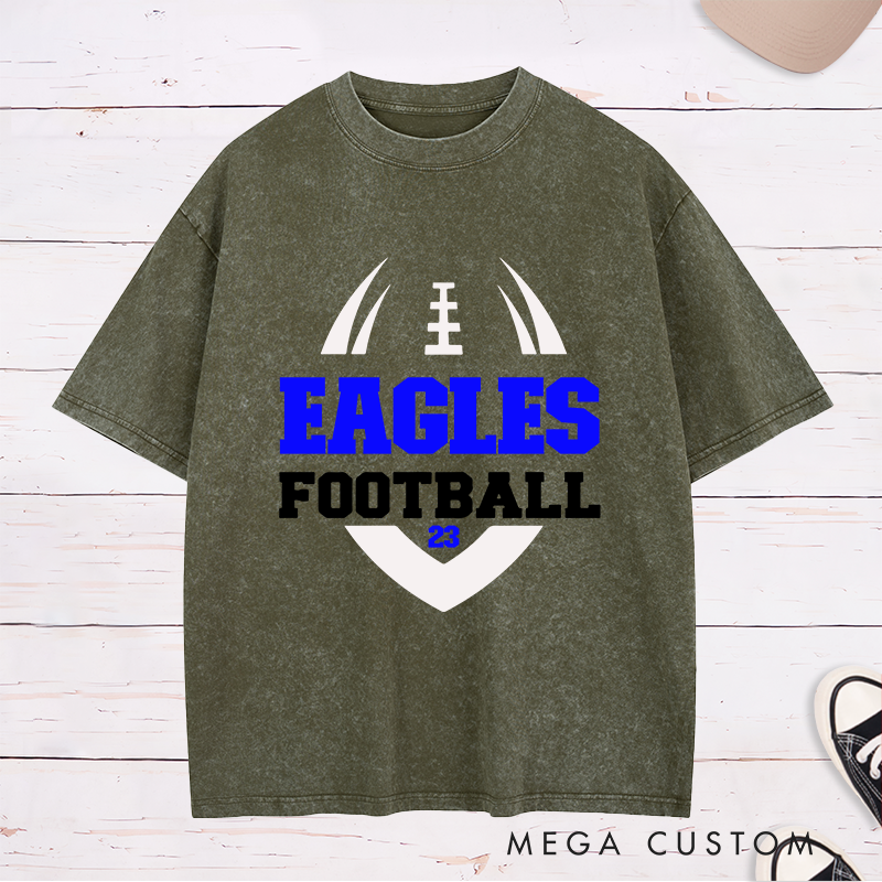 Personalized American Football Washed T-Shirt with Custom Favorite Team Name and Number-Football Season Tee