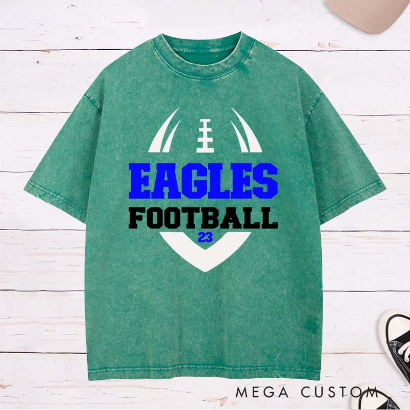Personalized American Football Washed T-Shirt with Custom Favorite Team Name and Number-Football Season Tee