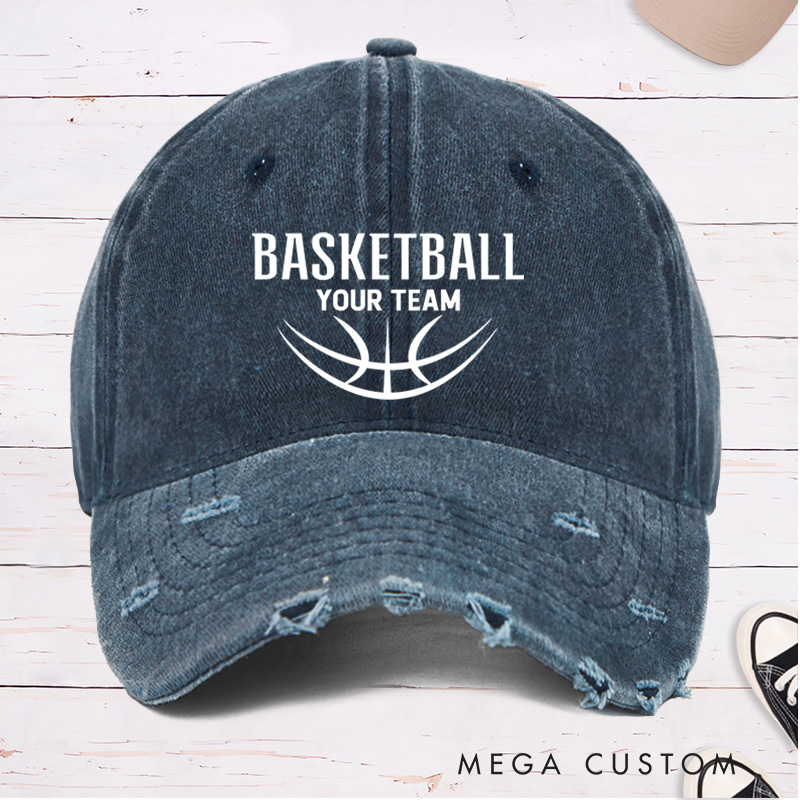 Personalized Distressed Denim Basketball Cap with Custom Team Name and Modern Basketball Graphic Design