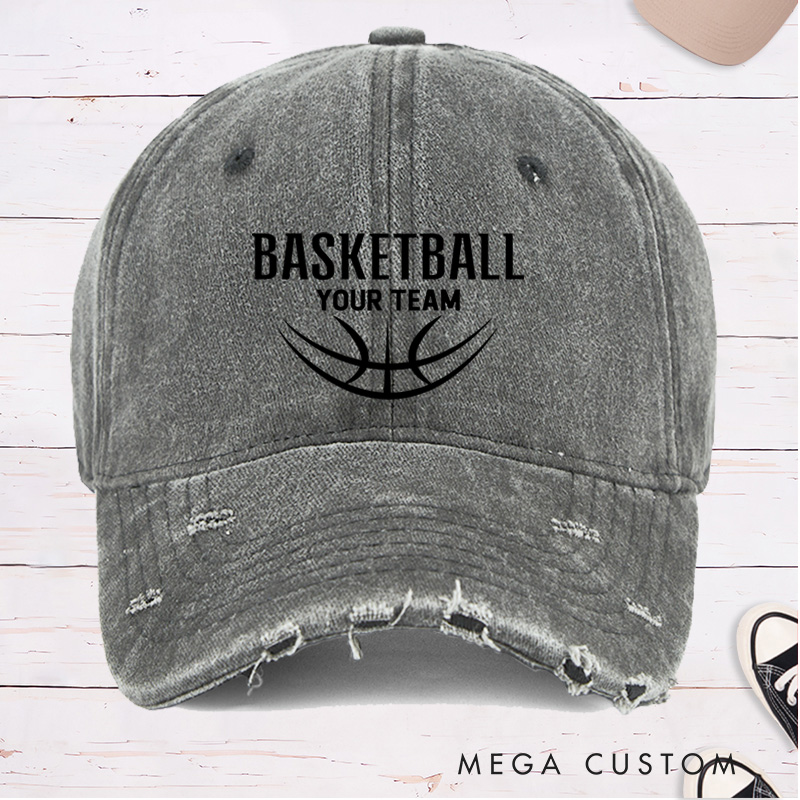 Personalized Distressed Denim Basketball Cap with Custom Team Name and Modern Basketball Graphic Design