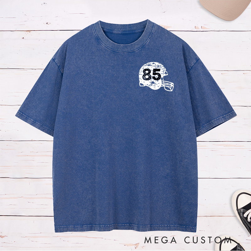 Personalized American Football Vintage Helmet Washed T-Shirt with Custom Number