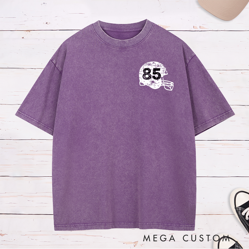 Personalized American Football Vintage Helmet Washed T-Shirt with Custom Number