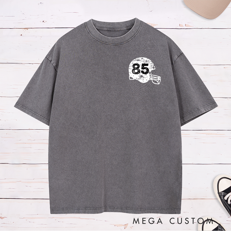 Personalized American Football Vintage Helmet Washed T-Shirt with Custom Number