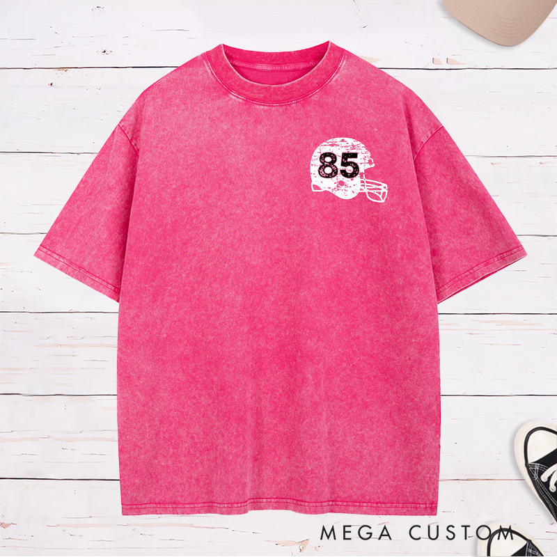 Personalized American Football Vintage Helmet Washed T-Shirt with Custom Number