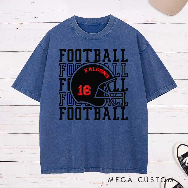 Personalized American Football Washed T-Shirts with Custom Your Team and Number-Football Fan Shirt