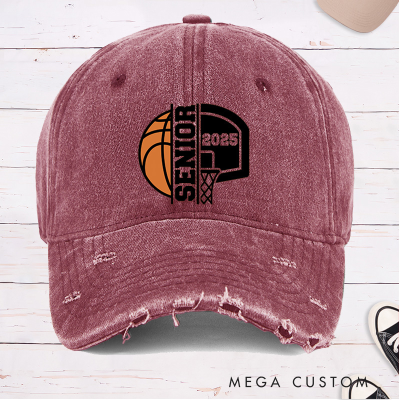 Personalized Distressed Denim Basketball Cap with Customizable Year Senior and Basketball Hoop Graphic Design