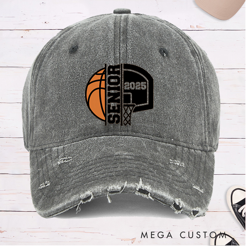 Personalized Distressed Denim Basketball Cap with Customizable Year Senior and Basketball Hoop Graphic Design