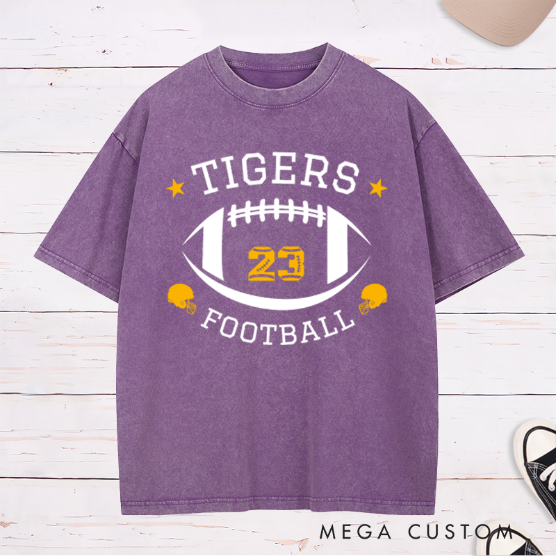 Personalized American Football Bold Team Design Washed T-Shirts with Custom Team Name and Number on the Front